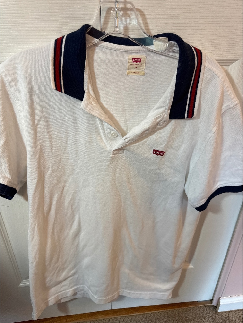 Levi's Men's White Polo Shirt with Navy and Red Trim, Size M